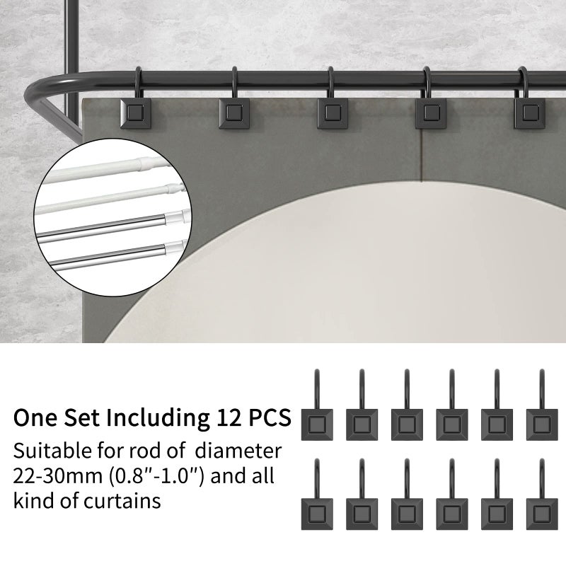 GILLAS Shower Curtain Decorative Hooks, Set of 12 Shower Curtain Rod Rings for Bathroom Rust Resistant Square, Black - Image 2